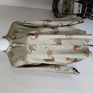 Zara Sage Green Satin Button Down Blouse Leopard Print